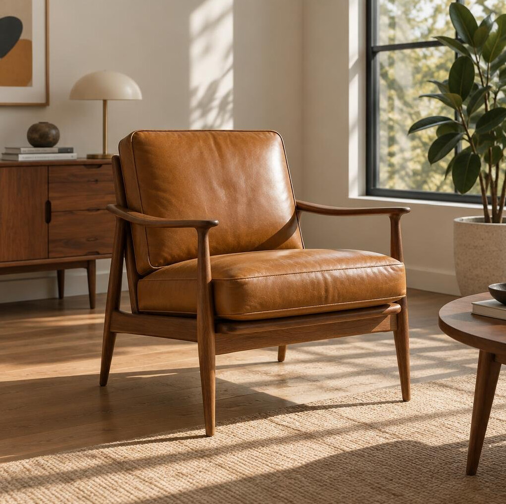 Mid-century modern armchair in a sunlit room