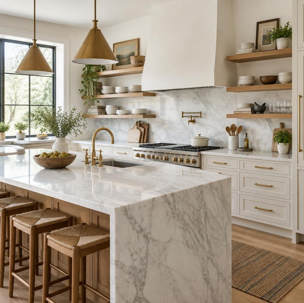 Designer kitchen with marble countertops and brass fixtures