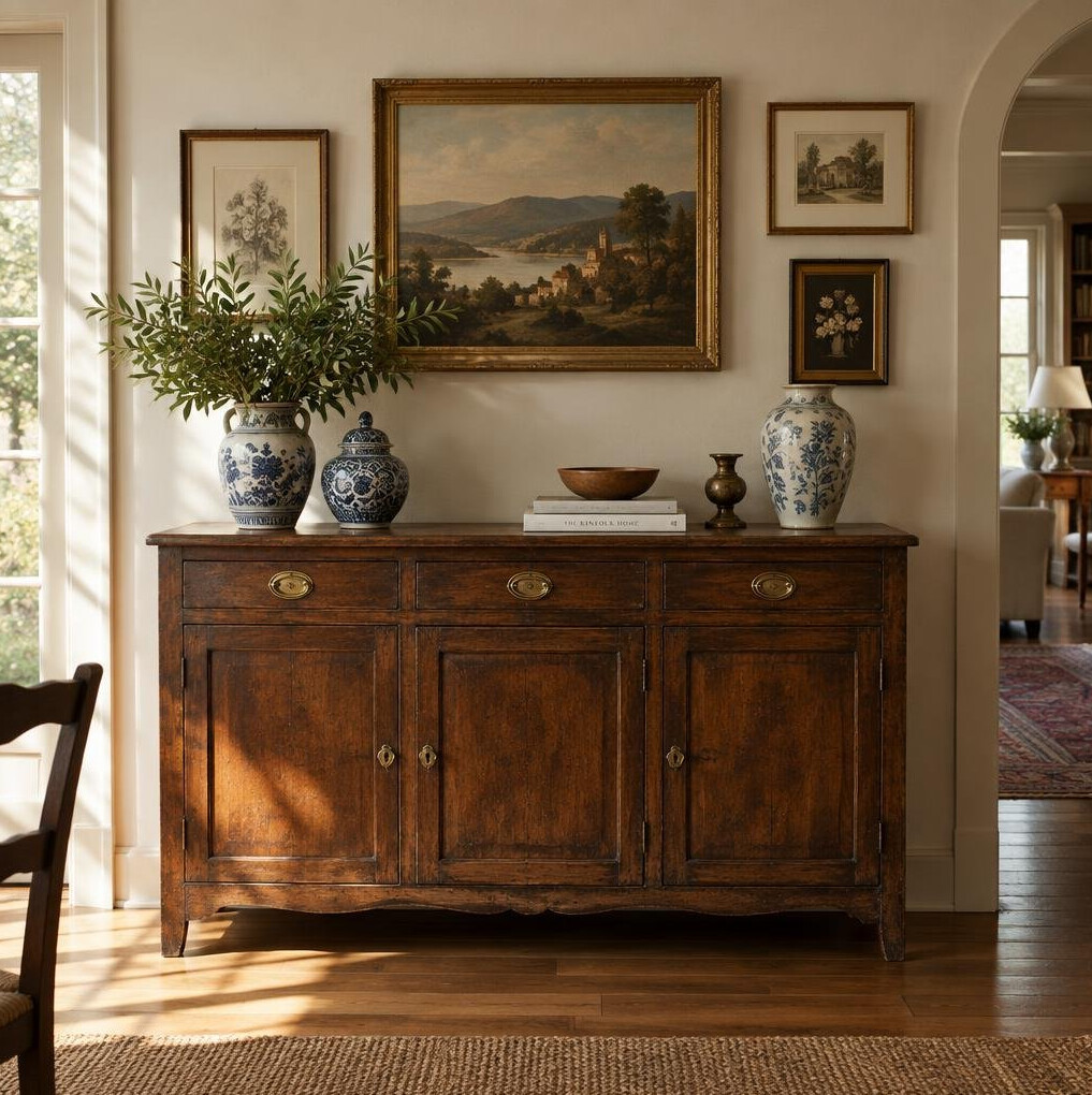 Antique wooden sideboard with decorative ceramics