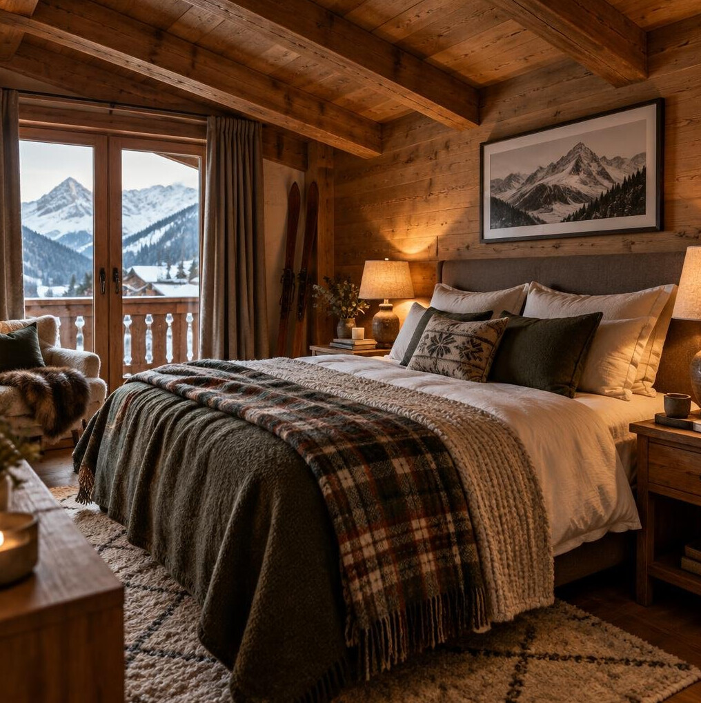 Alpine chalet bedroom with wool blankets and wooden ceiling beams