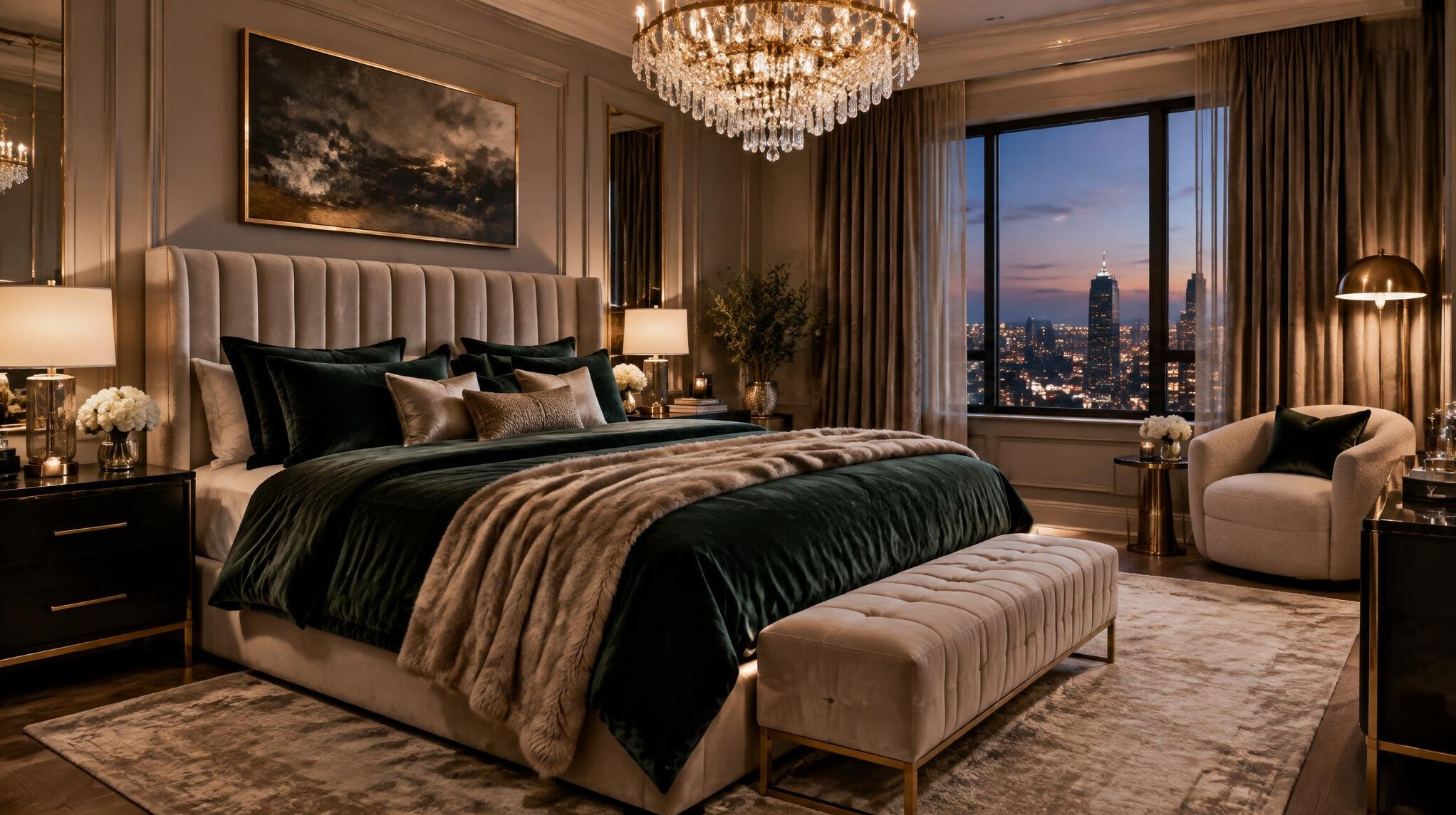 elegant bedroom with chandelier