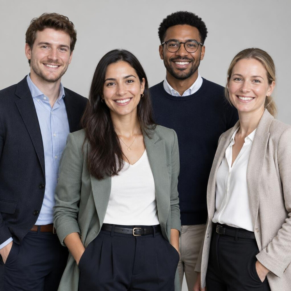 Group of four professional editors in smart casual attire